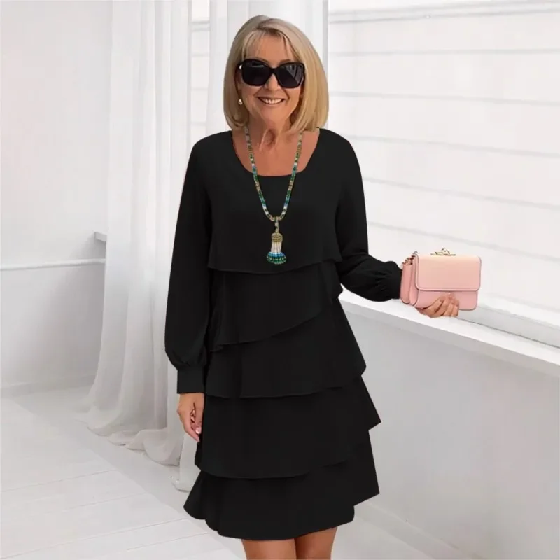 Autumn Women's Cake Chiffon Dress New Casual Elegant O-Neck Party Irregular Layered Long Sleeve Fashion Mini Dresses For Women
