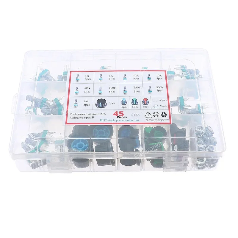 45pcs/Box B1K-1M R097 Audio 3Pin Shaft Amplifier Sealing Potentiometer With Knob Assorted kit