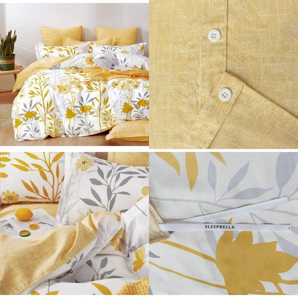 

Queen Size 600TC Cotton Duvet Cover - Grey Branches & Yellow Floral, Reversible Comforter Cover