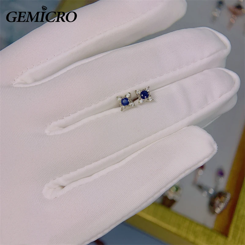 Gemicro 925 Sterling Silver Jewelry with 3mm Natural Sapphire Stone Earring Studs for Party Gift, Women Romatic and Cute Style