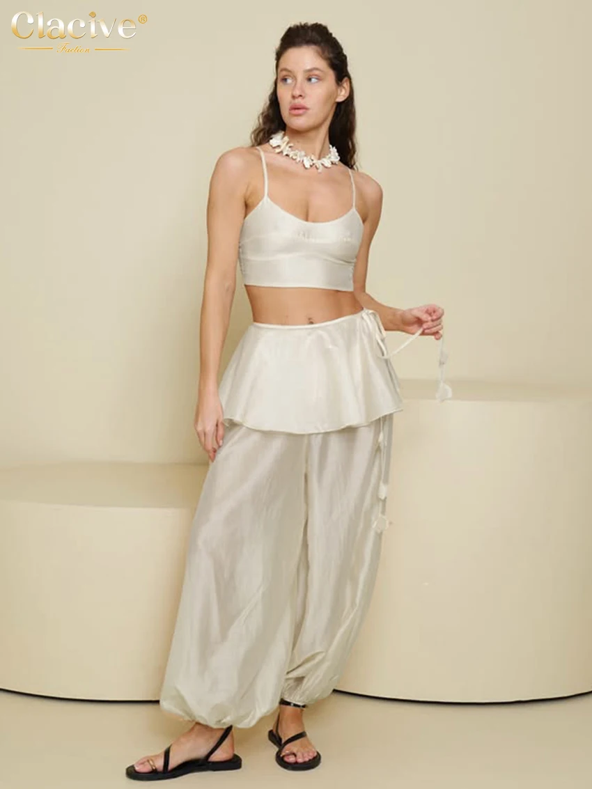 

Clacive Summer Slim Apricot 2 Piece Set Women 2026 Fashion Sleeveless Tank Top With High Waist Wide Pants Set Female Clothing