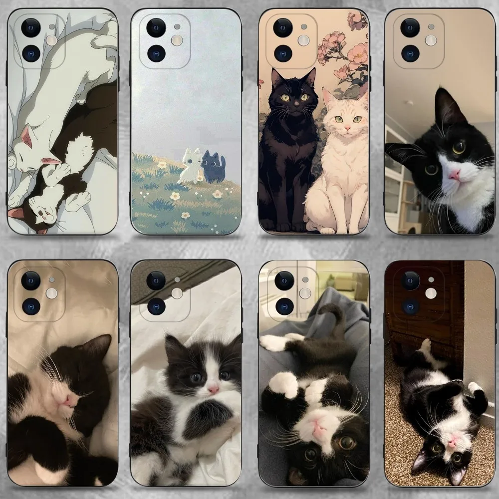 

1PC Cute Black and White Cat Phone Case For iPhone 16 15 Plus 14 13 Pro Max 12 Mini 11 X XS XR 7 8 8Plus Black Soft Phone Coque