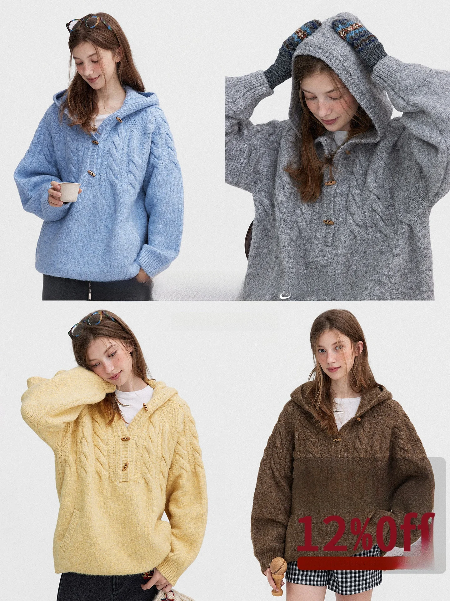 

Свитер-пуловер женский в скандинавском ретро-стиле из шерсти с капюшоном, на пуговицах спереди и с пушистым узором от Le