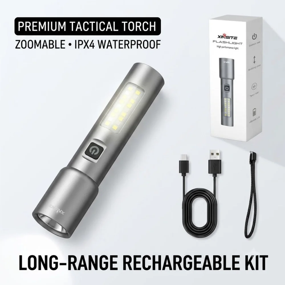 Long Range Zoomable Flashlight Aluminum Alloy Tactical Torch IPX4 Waterproof Rechargeable Side Light Camping Work Light