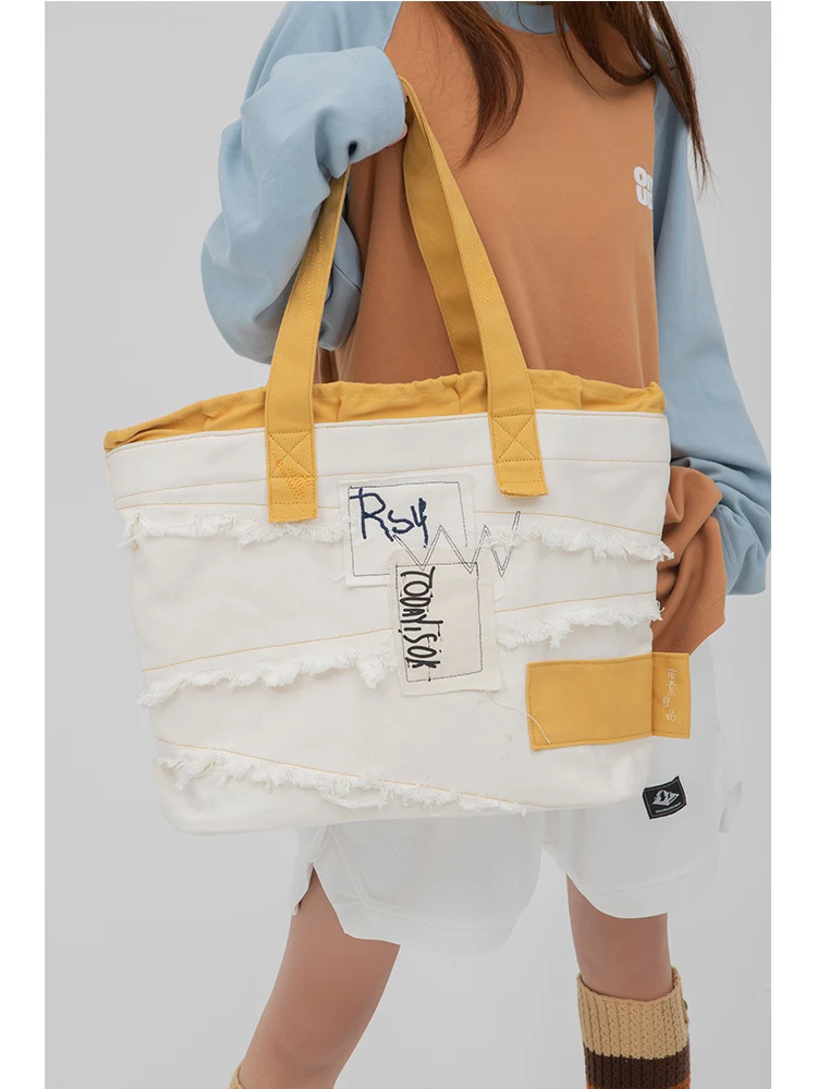 New Canvas Pleated Edge Tote Bag Original And Personalized Patchwork Contrasting Color Letters, Embroidered Pattern Shoulder Bag