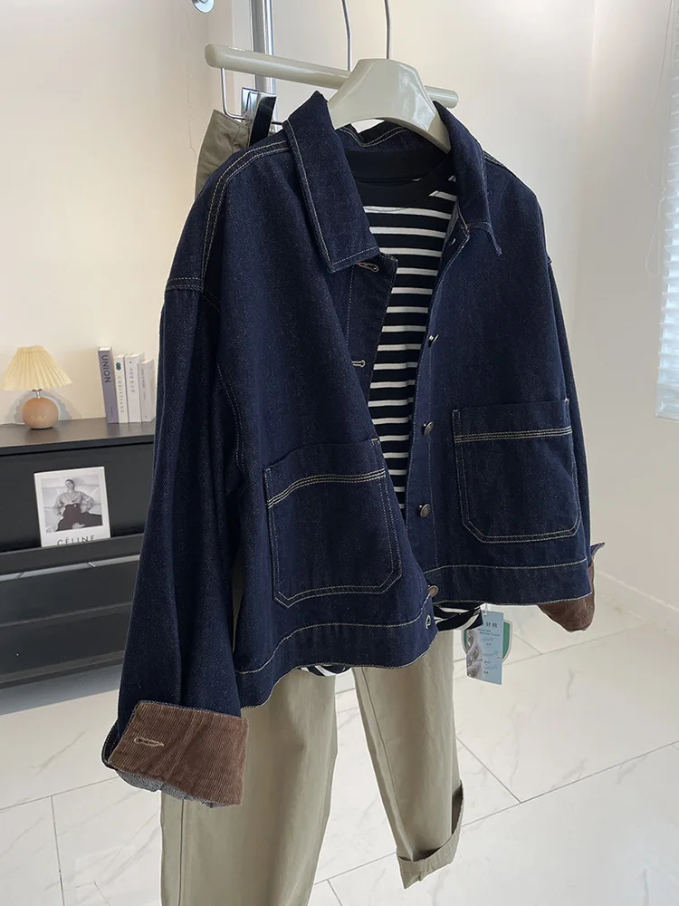 

Свободное синее джинсовое пальто для женщин, повседневное, весеннее, модное, для работы, с высокой талией, с вставками на плечах, длинное