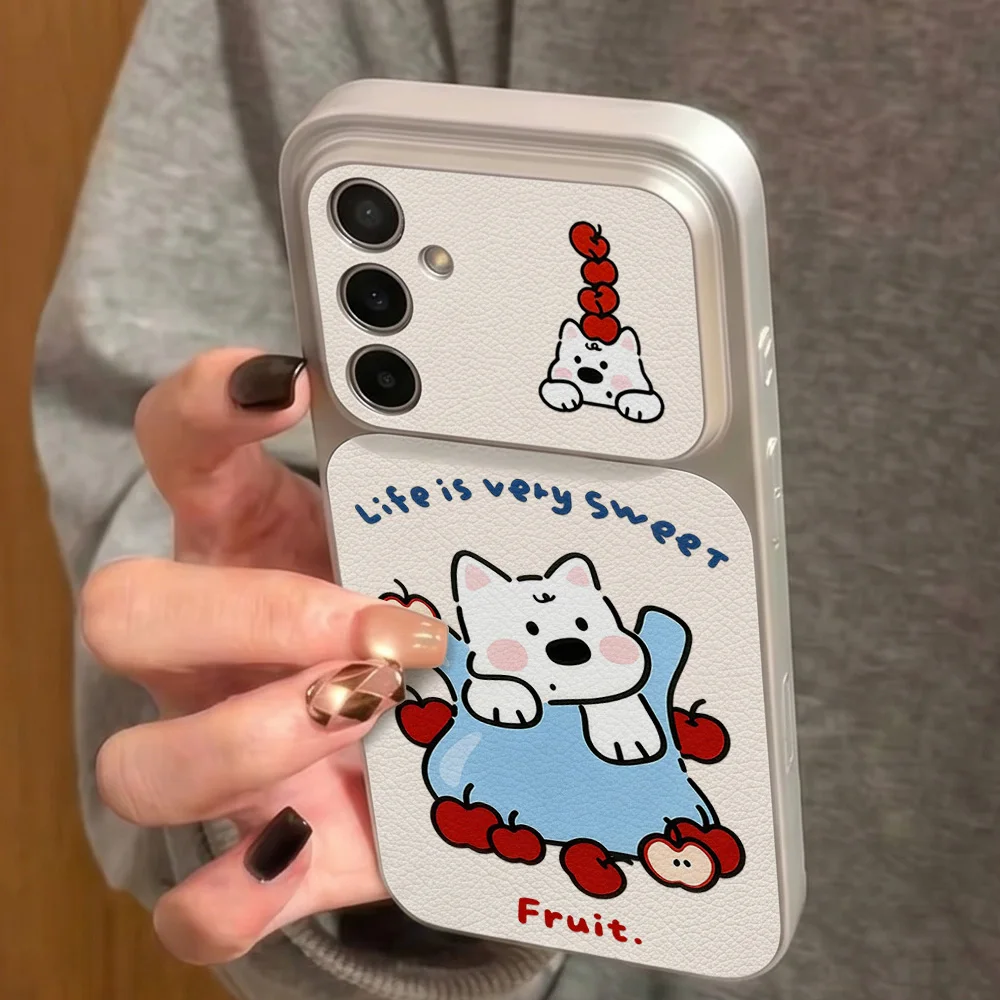 Cute White Puppy Phone Case For Samsung A56 A36 A27 A26 A57 A17 A07 A37 A55 A16 S26 Ultra S24 FE S25 Leather Soft Lanyard Cover view 3