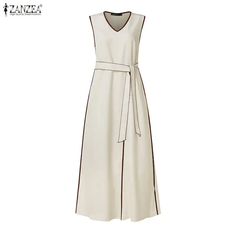 ZANZEA Women's Contrast-Trim Maxi Dress Casual V-Neck Sleeveless Sashes A-Line Long Dresses Summer OL Work Vacation Vestidos 2XL