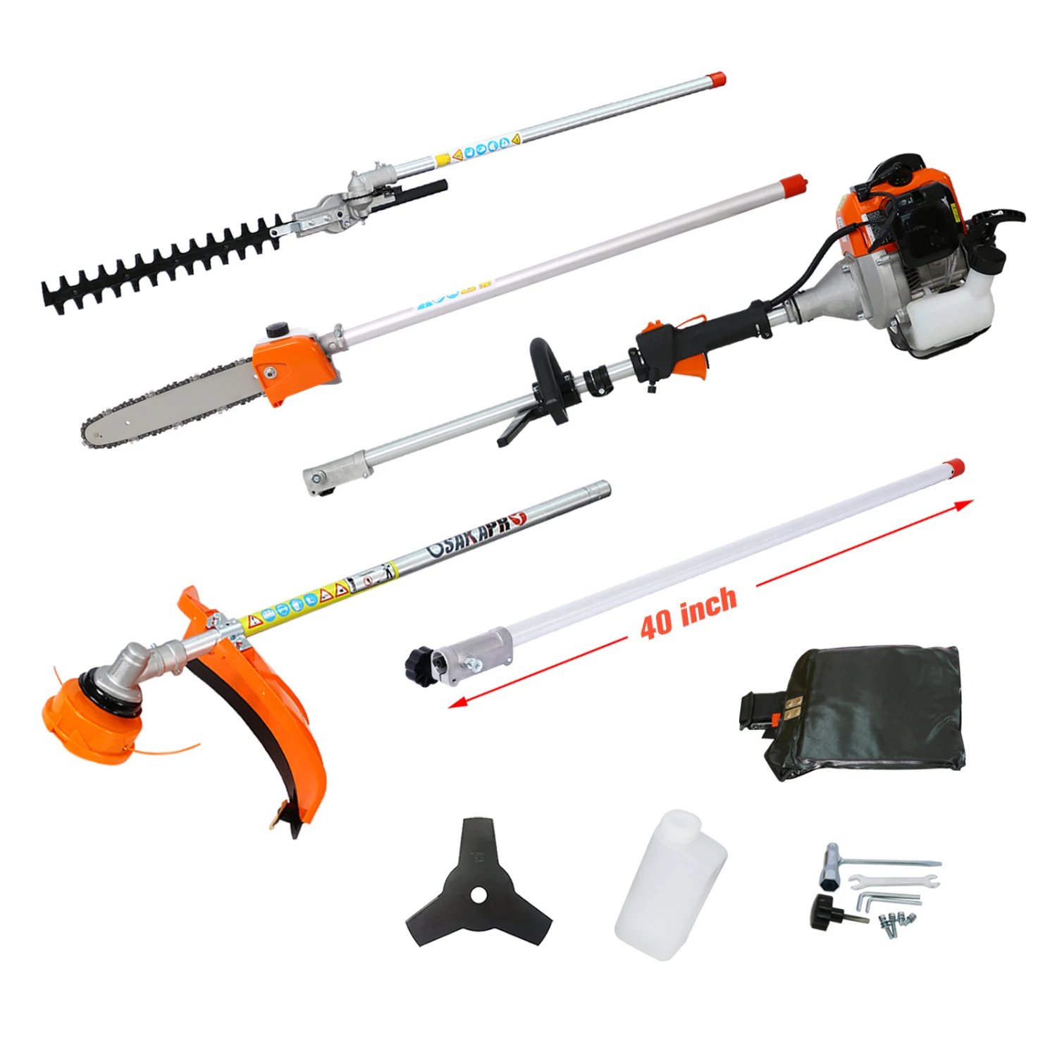 

5 in 1 Multi-Functional Trimming Tool, 56CC 2-Cycle Garden Tool System with Gas Pole Saw, Hedge Trimmer, Grass Trimmer, and Brus