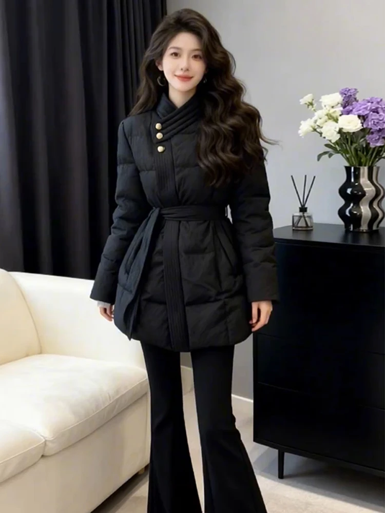

Korean Sle Thiened Cotton Jaet Women's Mid-Length Stand Collar Slimming Bla Outerwear Faionable Winter Coat