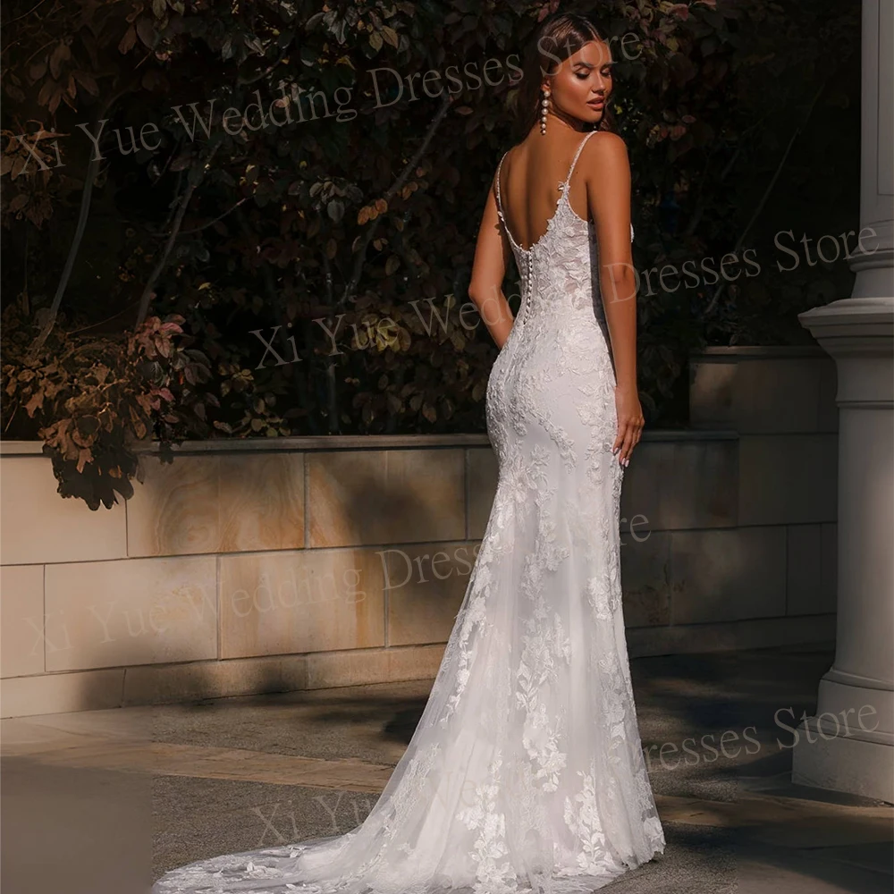 Exquisite Modern V-Neck Wedding Dresses Sexy Mermaid Sleeveless Spaghetti Straps Appliques Lace Bride Gowns Backless Button Back