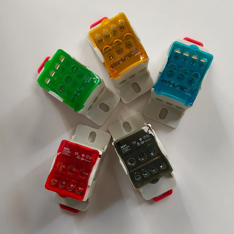 1Universal Electric Wire Connector 1Pcs UKK80A Din Rail Terminal Block 1 in Many Out Distribution Box  Red Yellow Blue Green