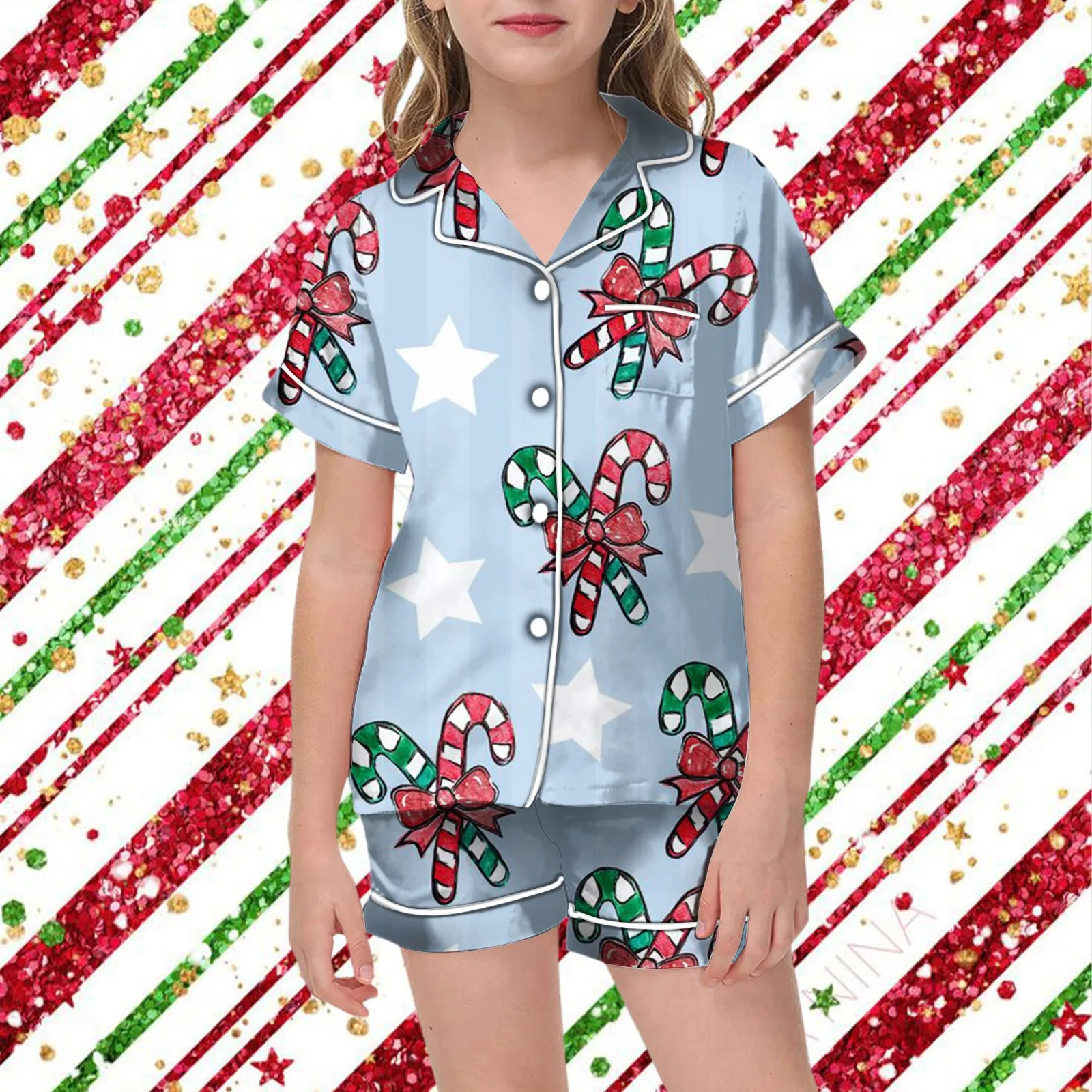 New Christmas Satin Pajama 2 Pieces Set Baby Girls Christmas Print Short Sleeve Button Closure Top With Shorts Sleepwear Outfits