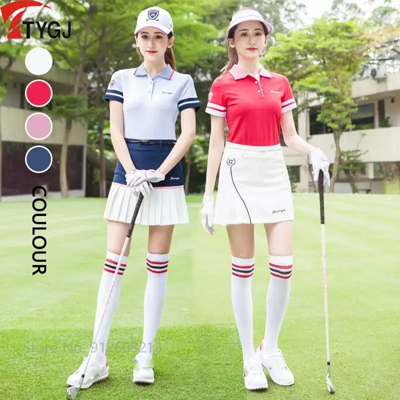 TTYGJ Summer Golf T-shirt Women Patchwork Stripe Shirt Ladies Turn Down Collar Tops Girls Breathable Slim Sport Blouse 4 Color