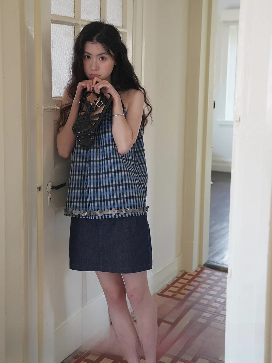 

Летний женский топ в клетку, двухслойный, с бретельками, шесть в одном, с бисерной отделкой по низу, для повседневной носки, стандартной длины