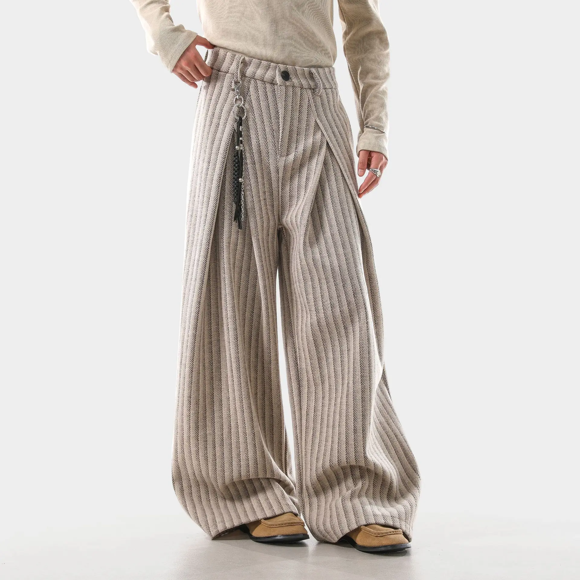 

Unisex Suit Pants 2026 Spring New Pleated Wide Leg Striped Pants Unisex Lazy Vibe Hihg Waist Versatile Floor Length Trousers