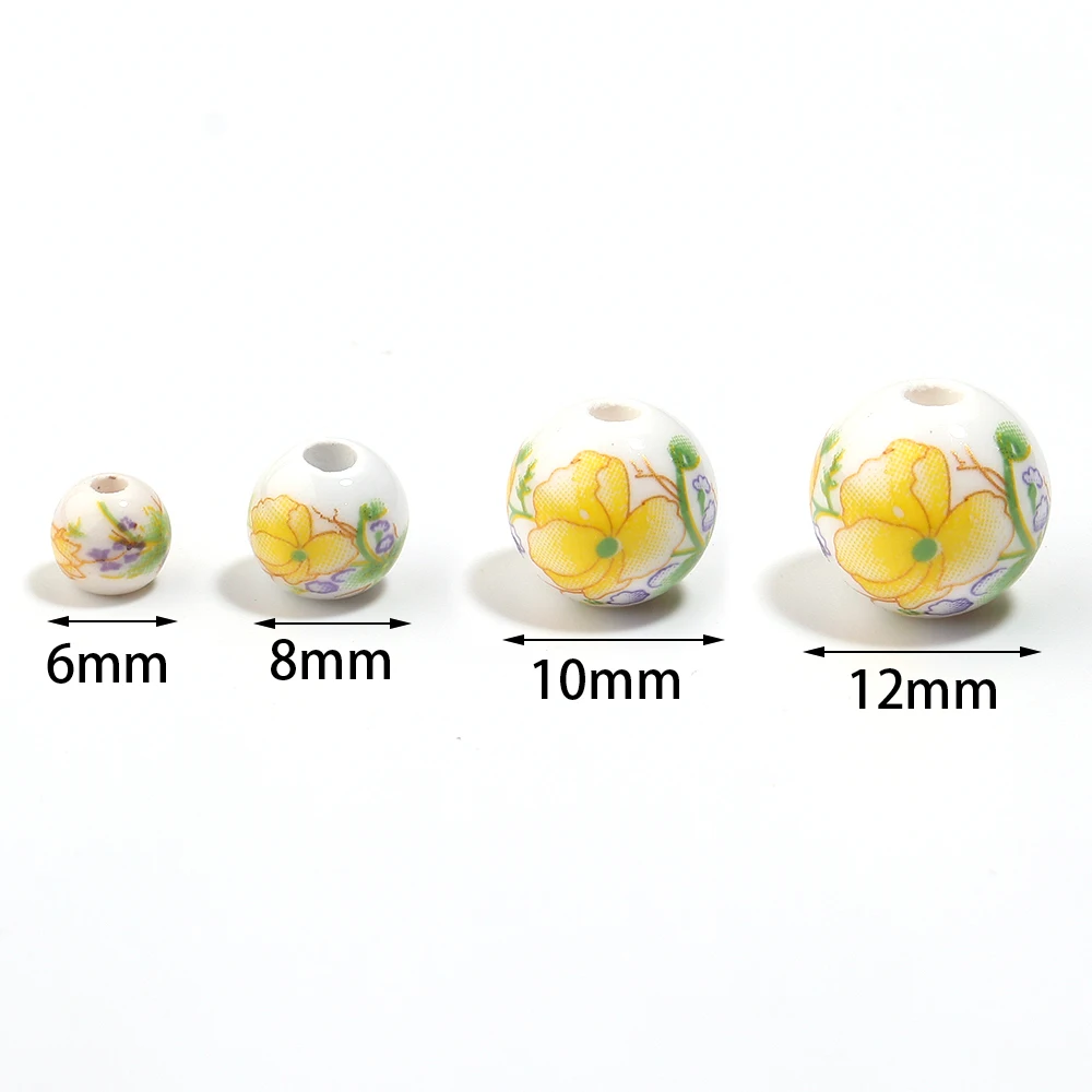 20-30pcs 6/8/10/12mm Jingdezhen Ceramic Beads Light Yellow Flower Round Loose Beads For DIY Jewelry Making Bracelets Accessories