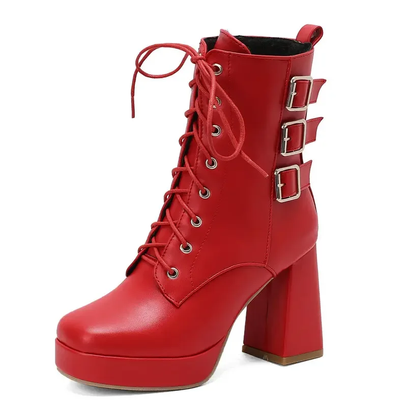 

2025 New Winter Trend Women Ankle Boots Platform Thick High Heel Ladies Short Boots PU Leather Square Toe Zipper Dress Shoes