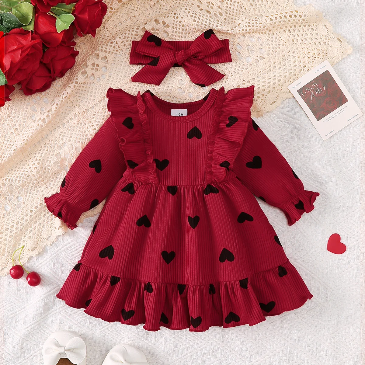 0-18 Months Baby Girl Clothes Sweet 2Pcs Dress Set Ruffle Heart Print Dress with Matching Headband Infant Autumn Casual Outfit