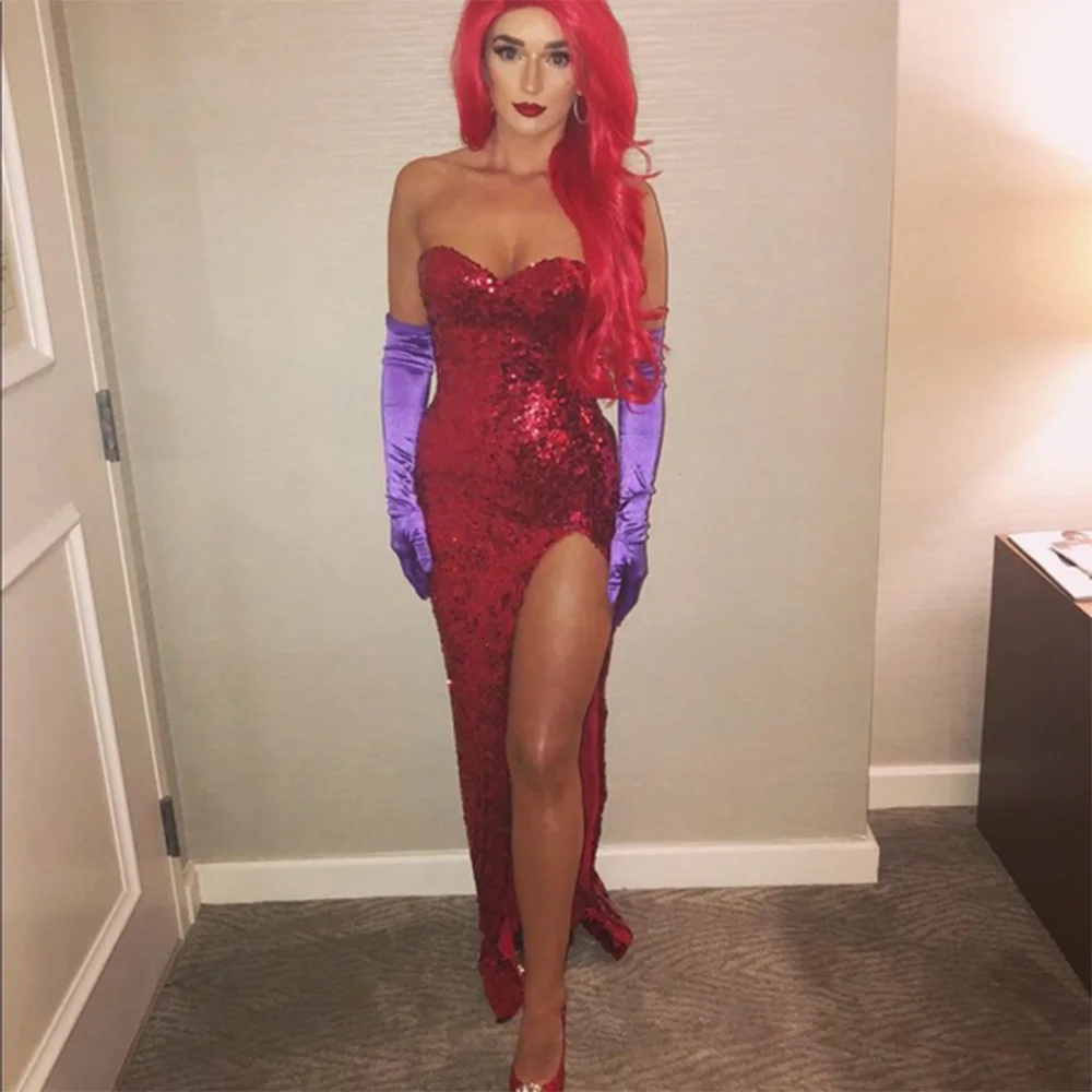 Sexy jessica rabbit traje halloween celebridade vestido para as mulheres querida lado fenda sereia vestido de baile lantejoulas vestido de festa longo