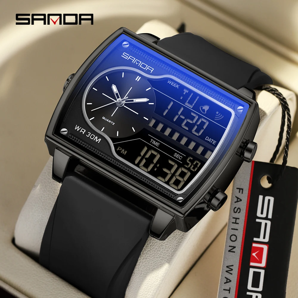 SANDA 6163 Men\'s Quartz Electronic Dual Screen Watch Waterproof Countdown Quartz Steel/Leather/Rubber Band Men\'s Watches