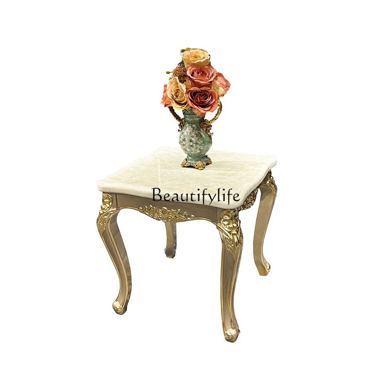 

French solid wood small coffee table, European court luxury carved square corner table