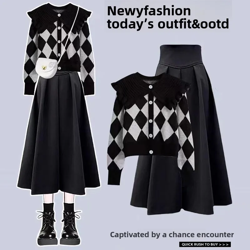 

Early Autumn Loose Knitted Sweater And Skirt Set Korean Style Half Body Skirt High Quality Cake Skirt mid Waist Design