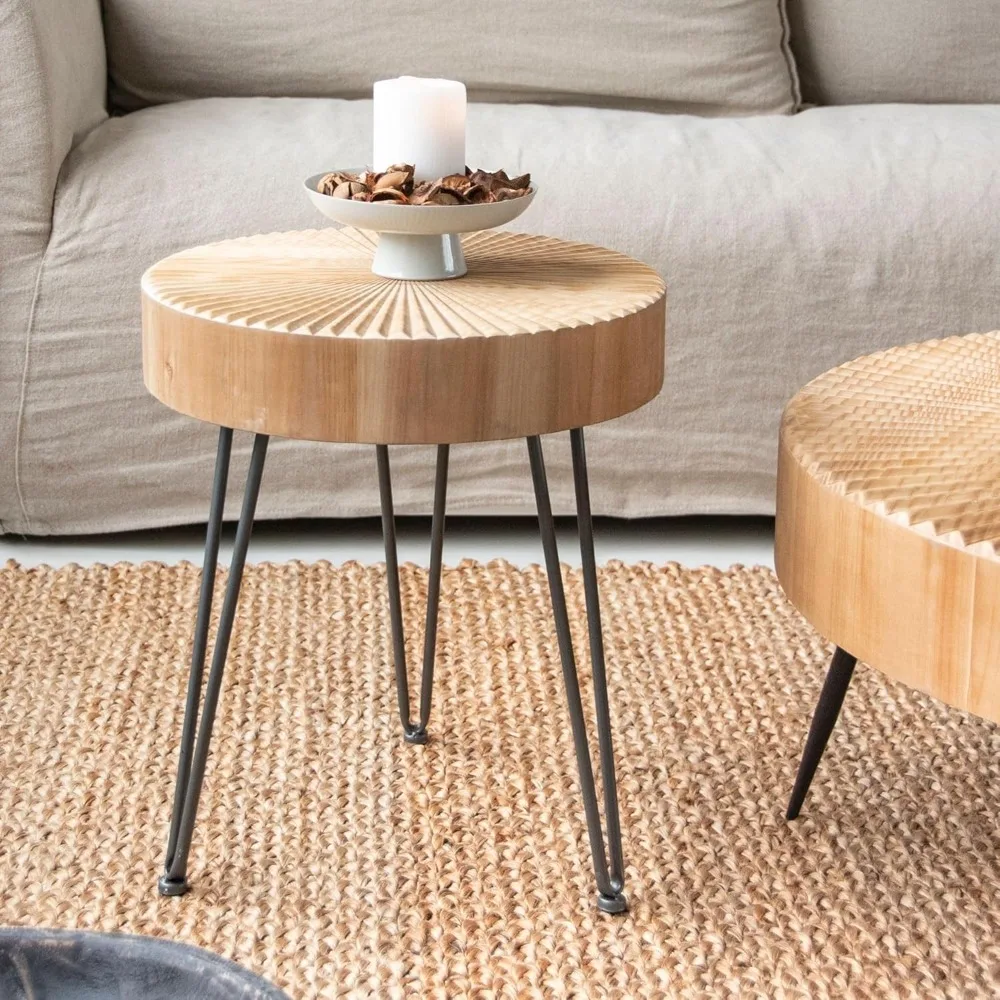 2-Piece Modern Farmhouse Living Room Coffee Table Set, Nesting Table Round Natural Finish with Handcrafted Wood Radial Pattern