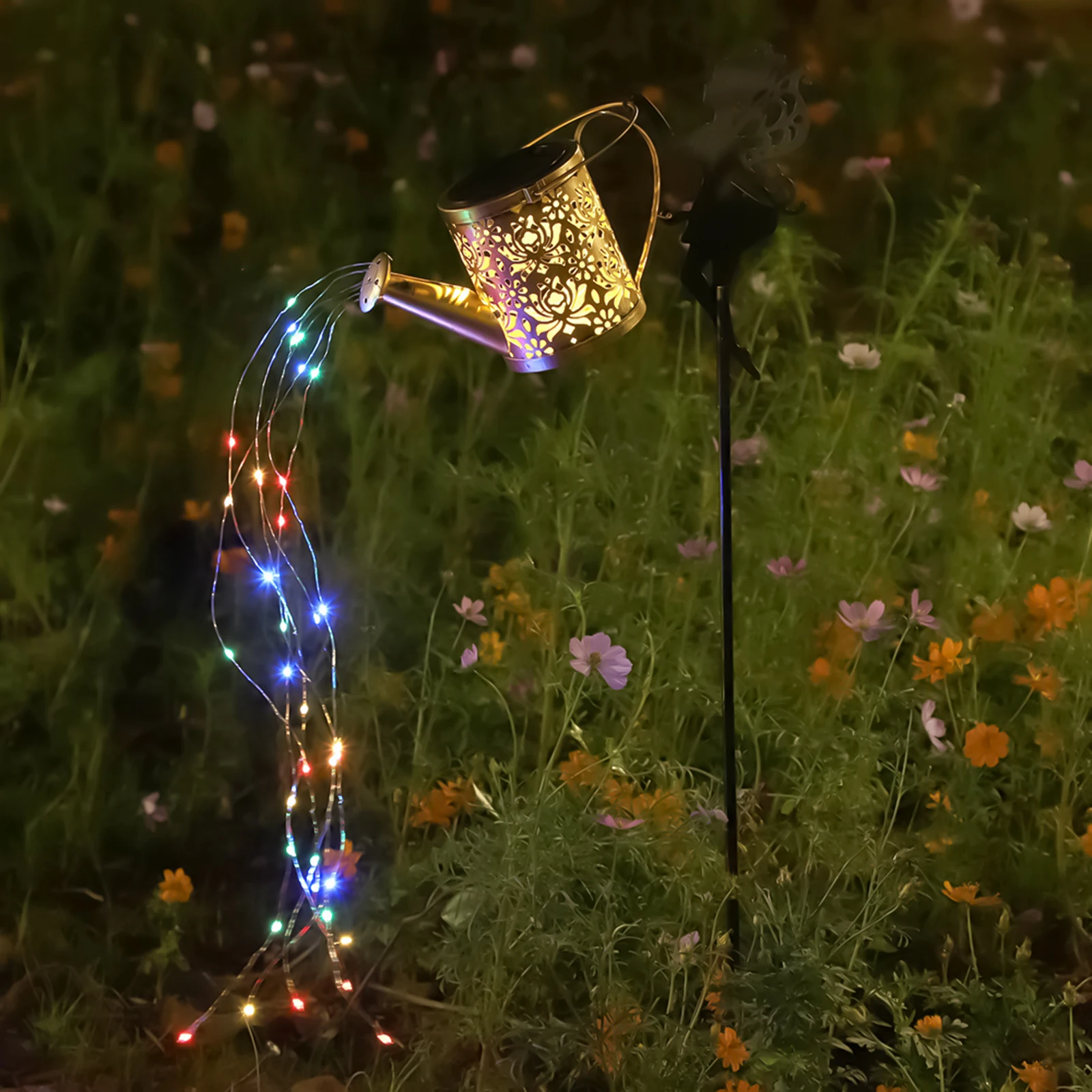 Solar Powered Watering Can Lamp Outdoor Yard Garden Decor Iron Art Stake Light With Flowing Sprinkler Design Garden Lights