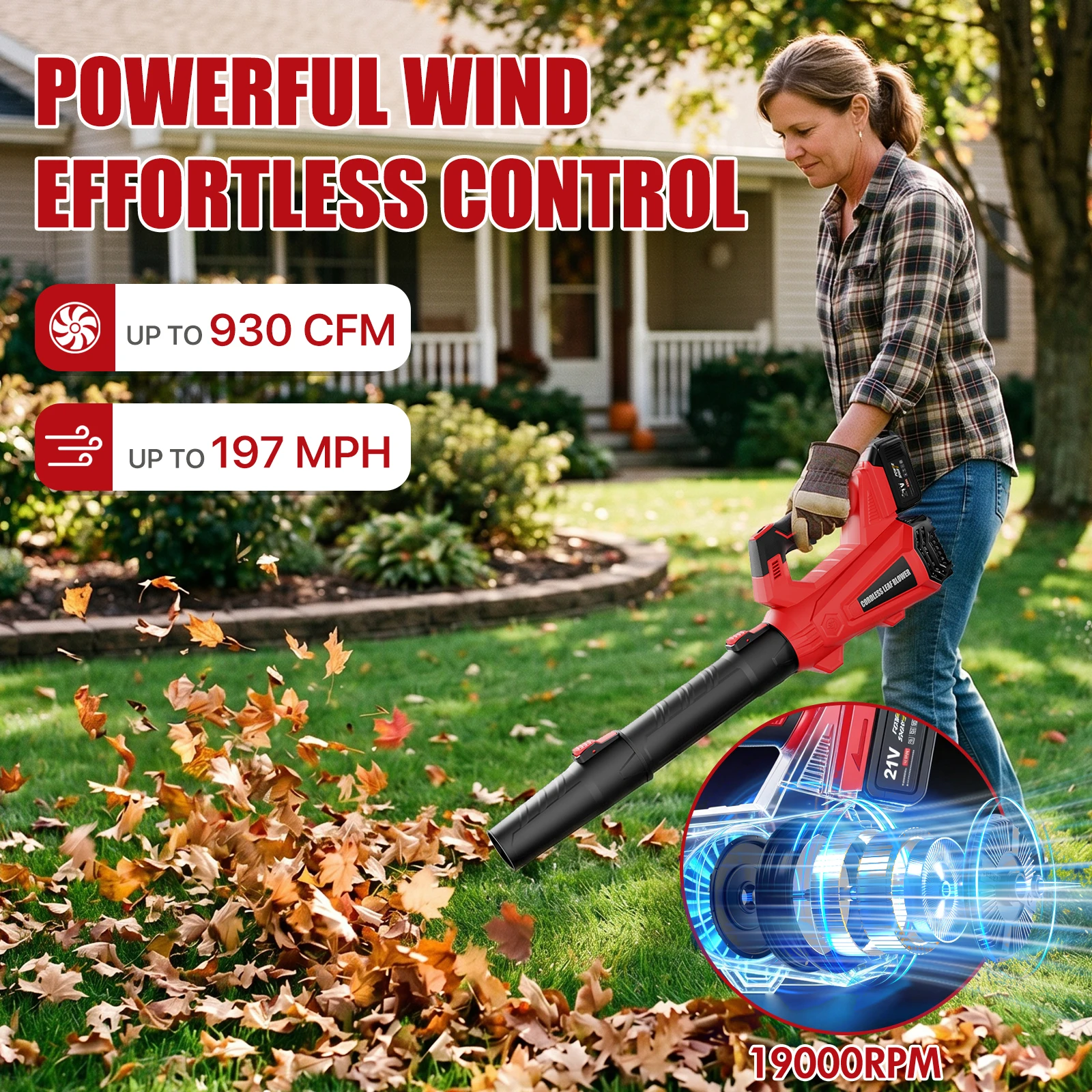 Cordless Leaf Blower Electric Handheld Air Blower 6-Speed 19000 RPM 930CFM/197MPH 2 x 4000mAh Batteries Leaf Computer Dust Collector Cleaner for Yard Care Leaves Dust & Light Snow