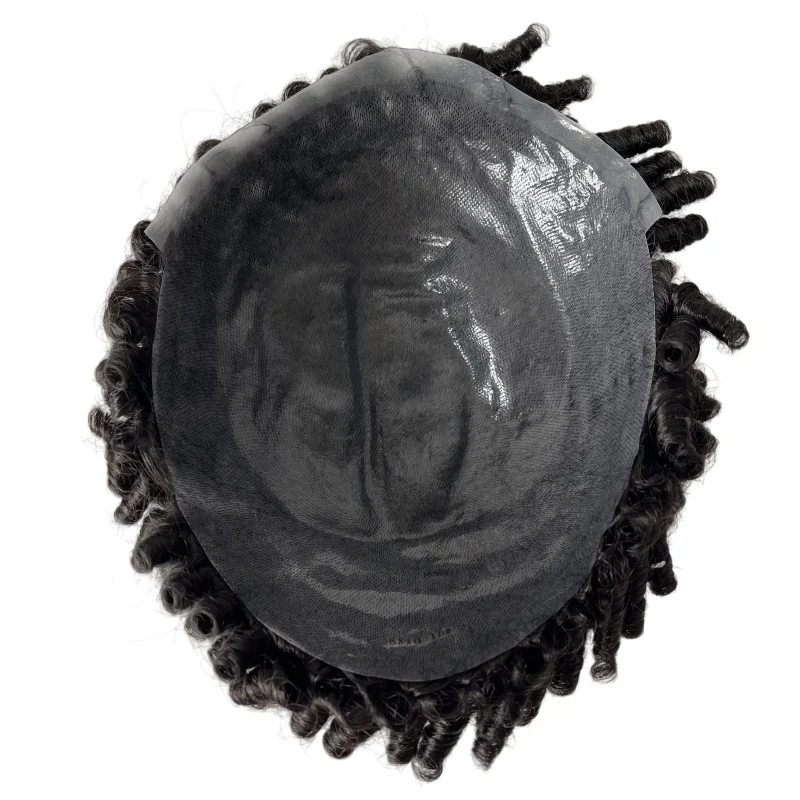 Toupet en PU pour hommes, cheveux humains vierges malaisiens, cheveux courts, boucles rebondissantes, nœuds de document noirs, 6 amarans, unité masculine, # 1B, 15mm