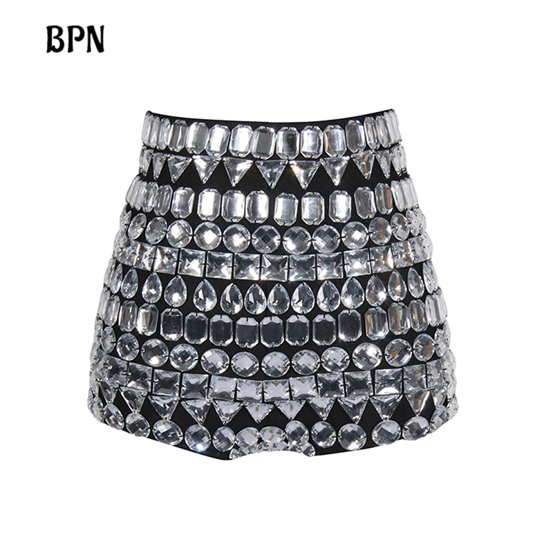 

BPN Elegant Patchwork Diamonds Shorts For Women High Waist Spliced Zipper Temperament Slimming Chic Short Pants Female Fashion