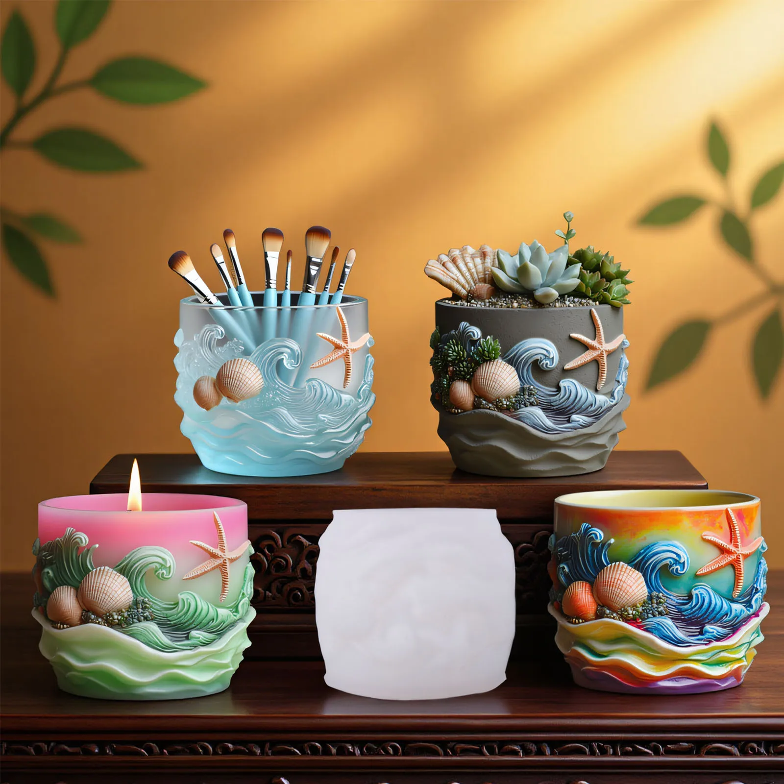 Marine Life Relief Succulent Plant Flowerpot Resin Silicone Mold Shell Starfish Relief Storage Box Candle Cup Gypsum Cement Mold