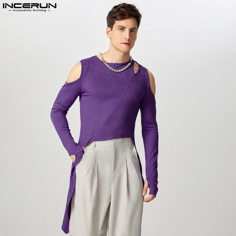 INCERUN Tops Fashion Men Deconstruction Design Hollow Irregular Hem T-shirt Male Solid Casual Half Thimble Long Sleeved Camiseta