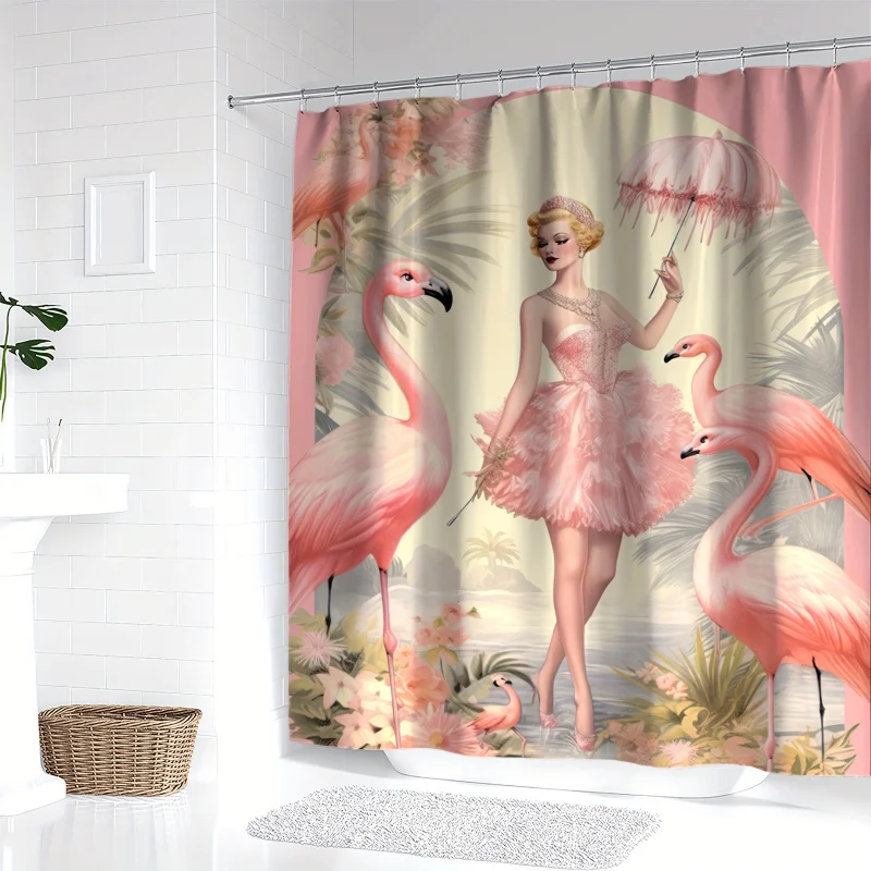 YWJHUI Flamingo & Elegant Lady Printed Shower Curtain, Cartoon Animal Bird Theme Polyester Bath Decor, Water-Resistant Knit Weav