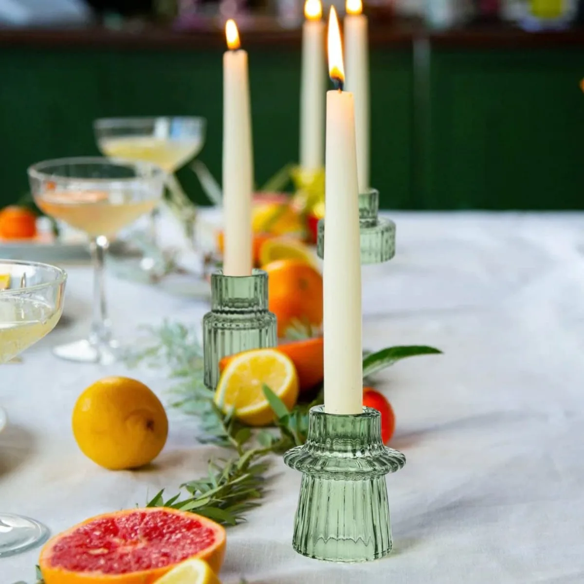 Glass Candlestick Holders Taper Candle Holder for Table Centerpiece Vintage Green Candle Sticks for Wedding Party Birthday Decor