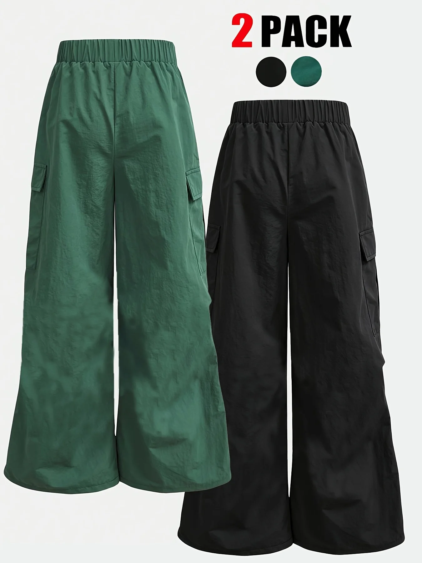 Girls' Trendy Loose-Fit Wide-Leg Cargo Pants (2-Pack): Green & Pink Striped + Black Polka-Dot Styles; Features Large Pockets, El