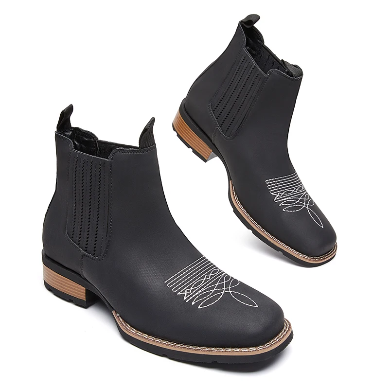 Men's Wide Toe Cowboy Boots Slip On Western Style Outdoor Boots Durable Comfor Leather Ankle Boots Fashion Retro Shoes for Men