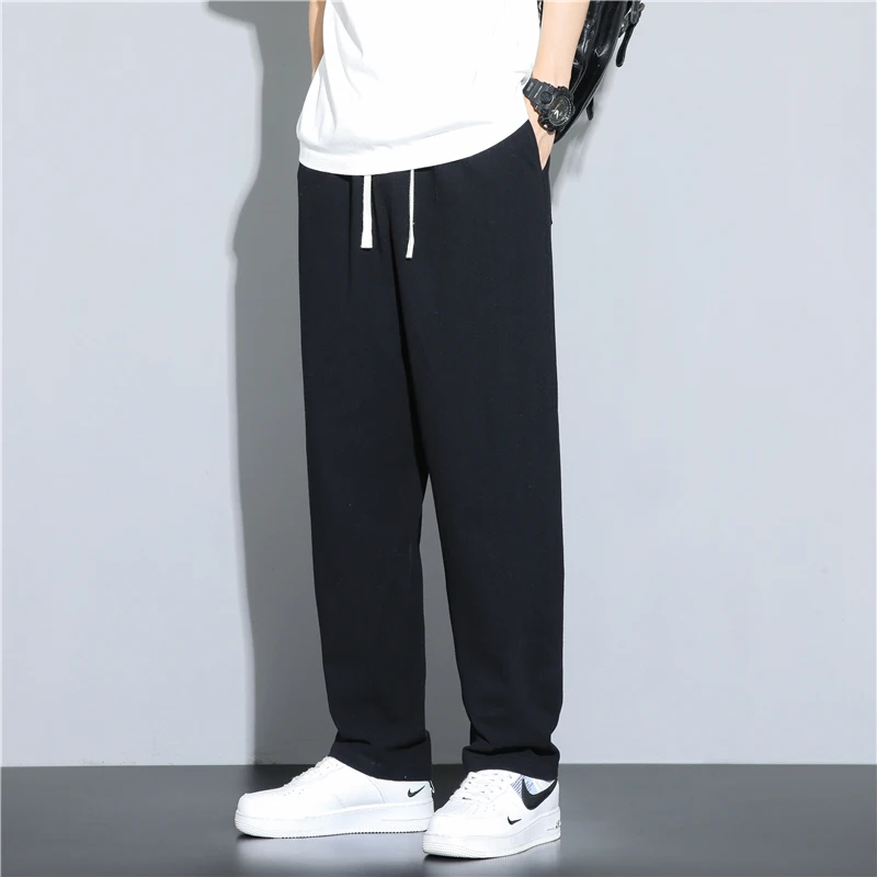 

Men's Loose Straight Leg Cotton Linen Casual Pants Autumn Winter Dstring Long Trousers Pure Cotton Comfortable Loose Fit