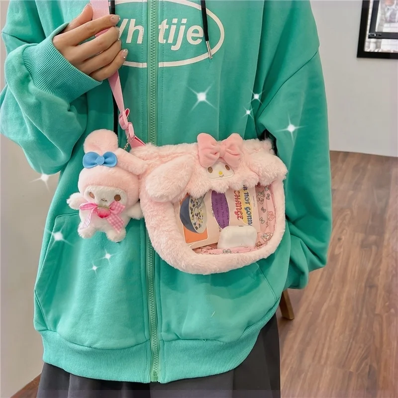 Bolsa de Ombro Sanrio Plush, Boneca Quadrada Pequena, Yugui Dog, Kuromi Melody, Mochila Lazer Portátil