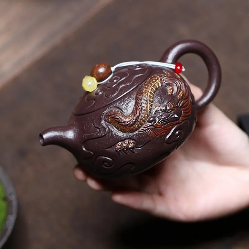 

250ml Chinese Yixing Purple Clay Teapot Tradition Household Zisha Tea Pot Handmade Dragon Pattern Xishi Kettle Tea Set Teaware