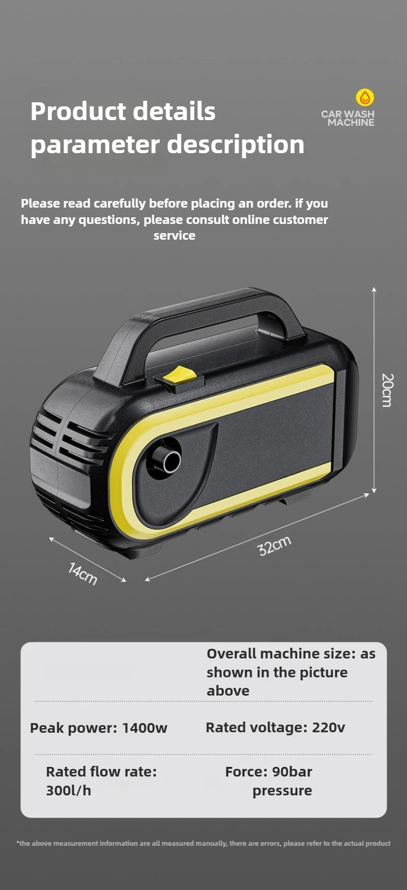 1400W 90Bar Portable High Pressure Washer 220V, Water Gun for Car Wash, Garden and Patio Cleaning