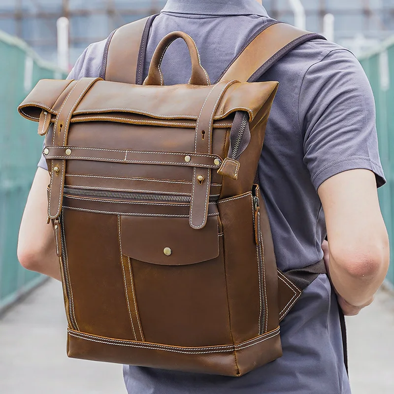 2026 New  Retro Top Layer Leather Men's Backpack Crazy Horse Leather Outdoor Travel 15.6-Inch Computer Bags