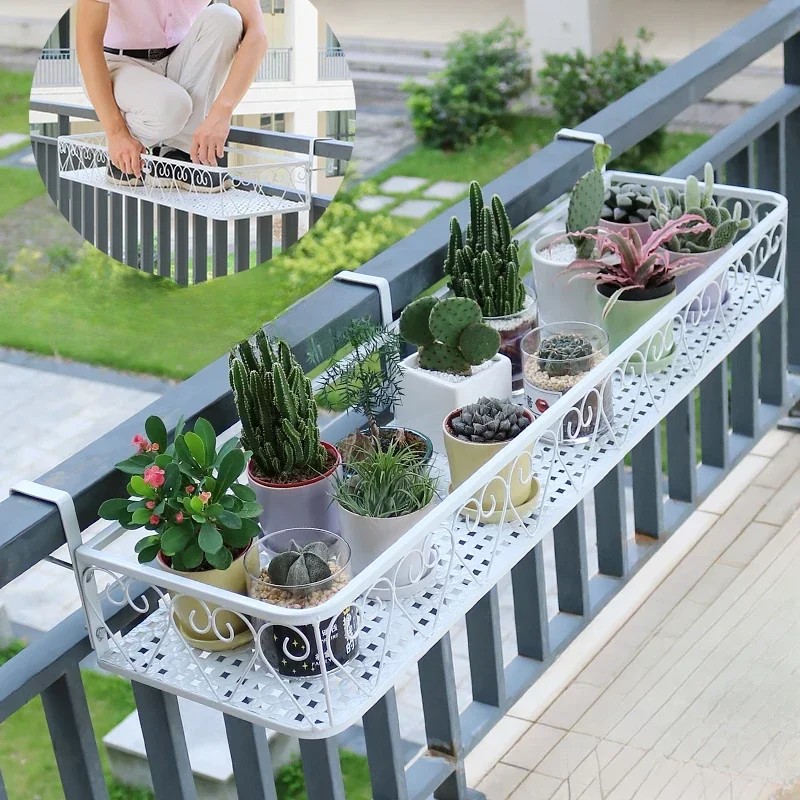 Balcony Storage Rack Iron Hanging Railing Flower Pot Rack, Guardrail Window Sill Succulent Flower Rack Flower Pot Organizer