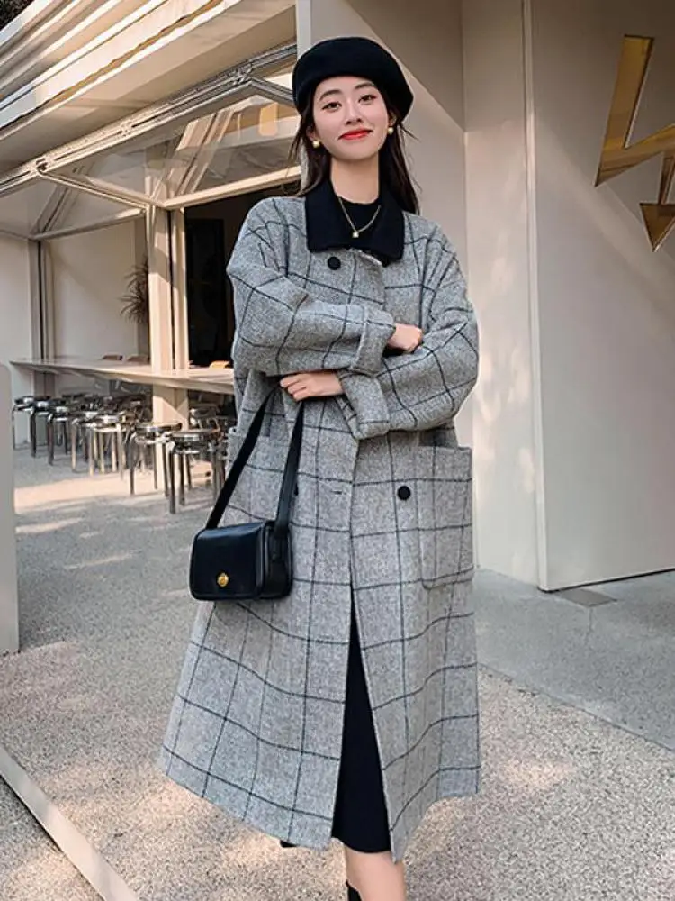 

French Retro Winter Grey Plaid Patchwork Long Sleeved Jacket Women's Elegant Double Breasted Cardigan Woolen Coat Trendy Popular