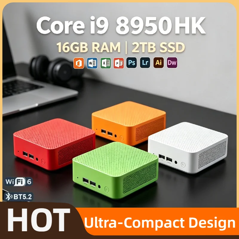 Intel i9-8950HK Ultra Mini PC 16GB DDR4 1TB M.2 NVMe SSD Triple 4K HDMI Display WiFi6 Silent Cooling Home Office Computer