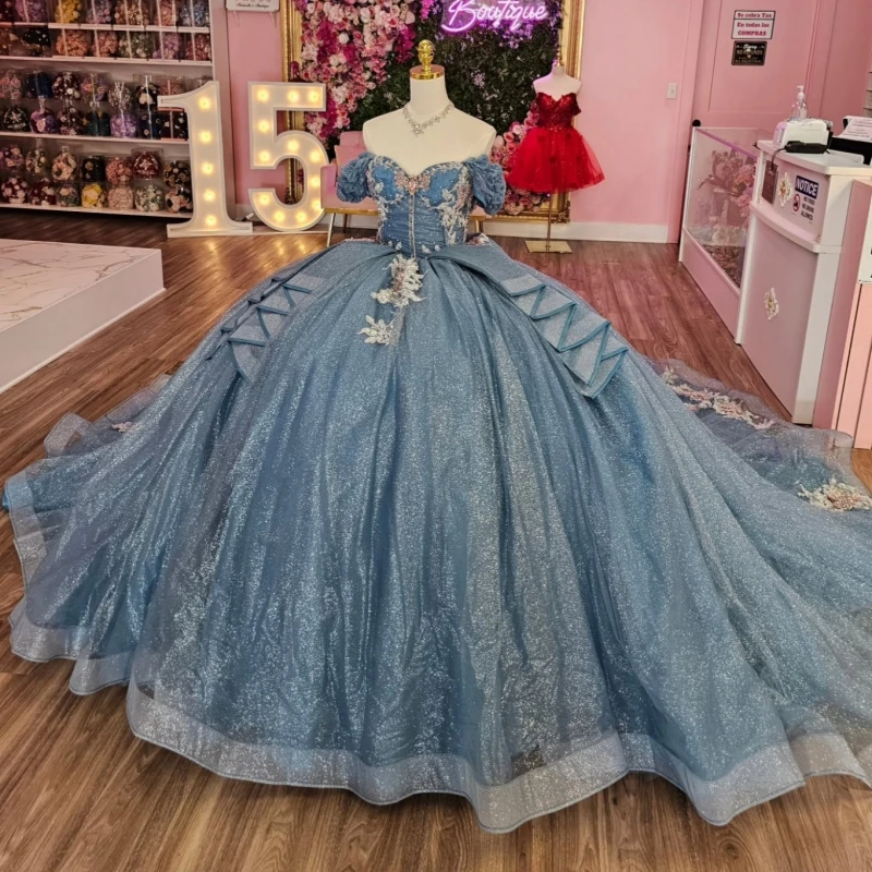 

Sky Blue Shiny Quinceanera Dresses Ball Gown Off The Shoulder Beading Applique Lace Tull Corset Party Birthday Sweet 16 Vestidos