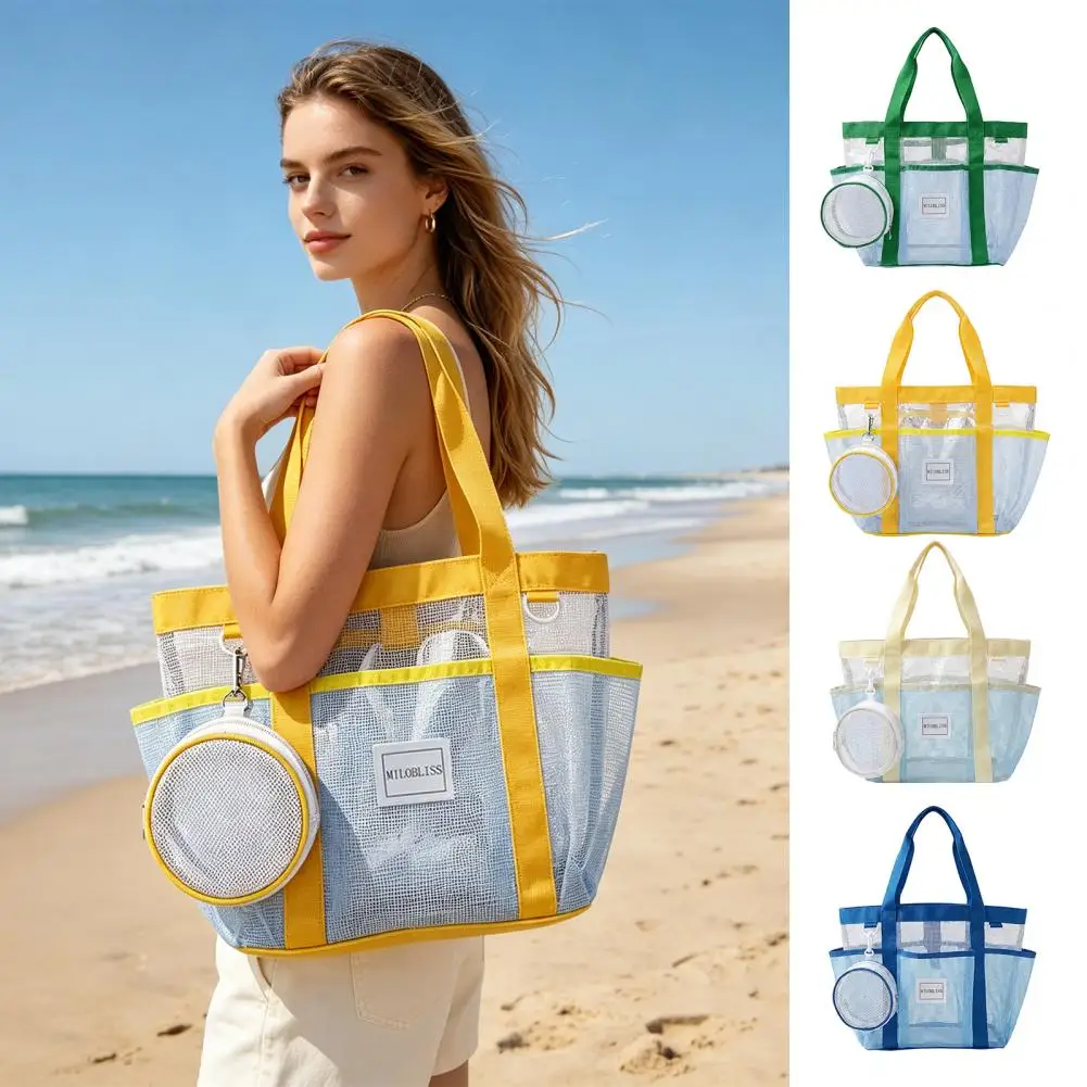 Spacious Mesh Beach Tote Bag, Family Beach Bag For Toys & Vacation Essentials, Quick Drying Sand-proof Waterproof Storage Pouch