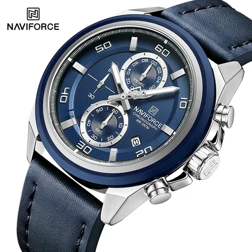 Imagen 2 del producto Relojes de marca NAVIFORCE para hombre, correa de cuero genuino, cronógrafo, indicador de fecha de cuarzo, reloj de pulsera deportivo resistente al agua, reloj de regalo para hombre