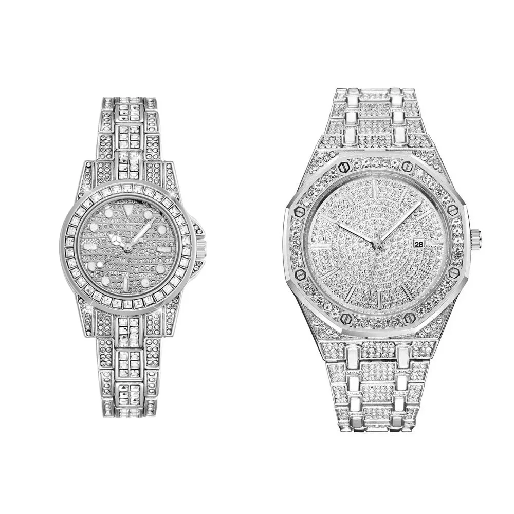 Ensemble de montres de couple en diamant de luxe pour hommes et femmes, montre-bracelet d'affaires, montre à quartz en acier inoxydable, montre-bracelet décontractée